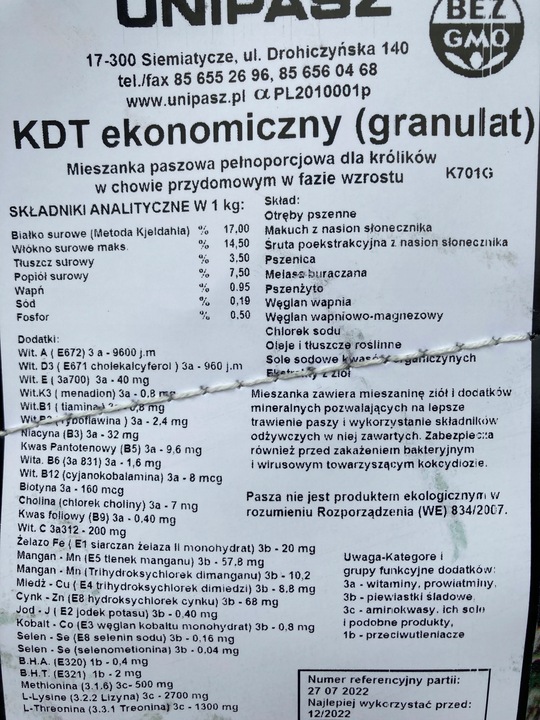 Pasza dla królików KDT Unipasz ekonomiczna 20 kg