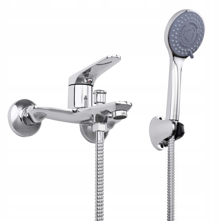 Bateria wannowa ścienna z prysznicem i wężem chrom srebrna kran YOKA