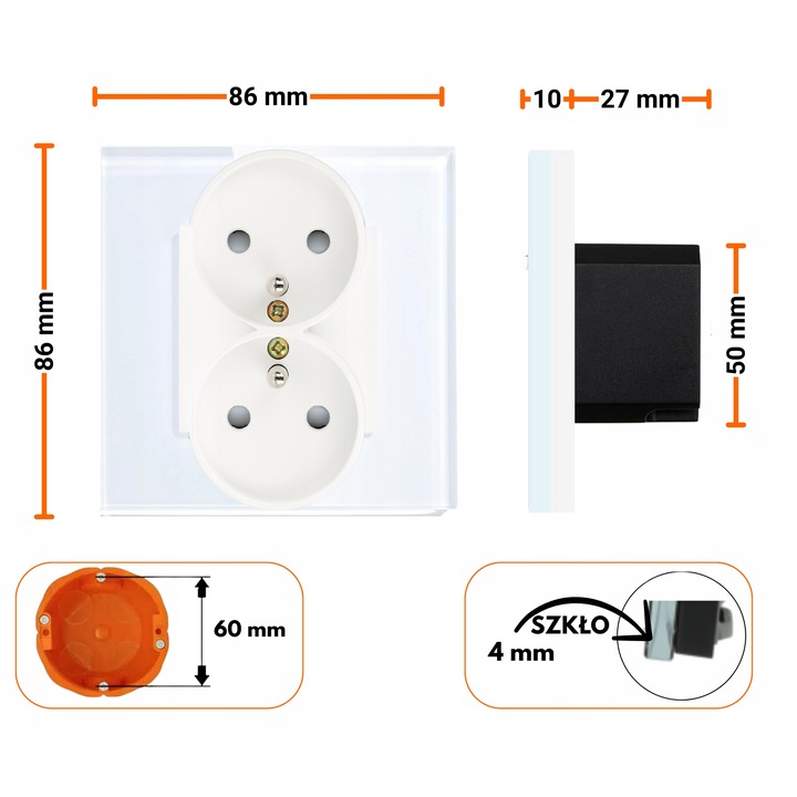 GNIAZDKO GNIAZDO SZKLANE Z BOLCEM PODWÓJNE GNIAZDKA KONTAKTY BIAŁE 1F