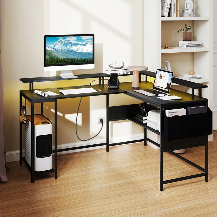 Biurko narożne Biurko gamingowe z oświetleniem LED i z stacją ładującą