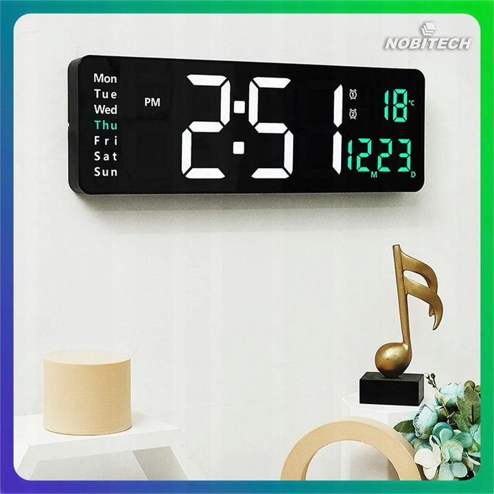 ZEGAR ŚCIENNY ELEKTRONICZNY BUDZIK CYFROWY DUŻY PILOT 10 POZIOMÓW