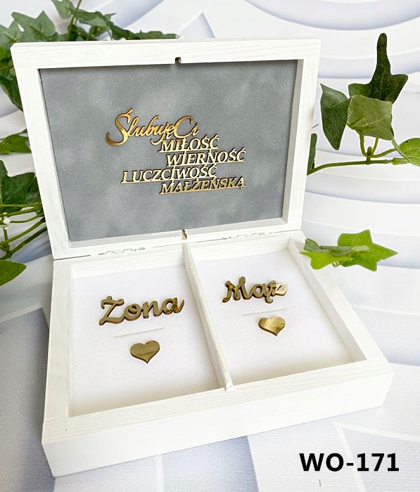 Pudełko na koperty + obrączki białe złote dekory