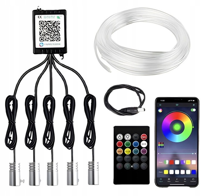 Zestaw Oświetlenia Do Wnętrza Auta Światłowód Ambiente RGB 7M Aplikacja