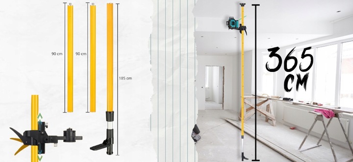TYCZKA ROZPOROWA 3,65M DO LASERA POZIOMICY LASEROWEJ+ADAPTER SKOSÓW STATYW