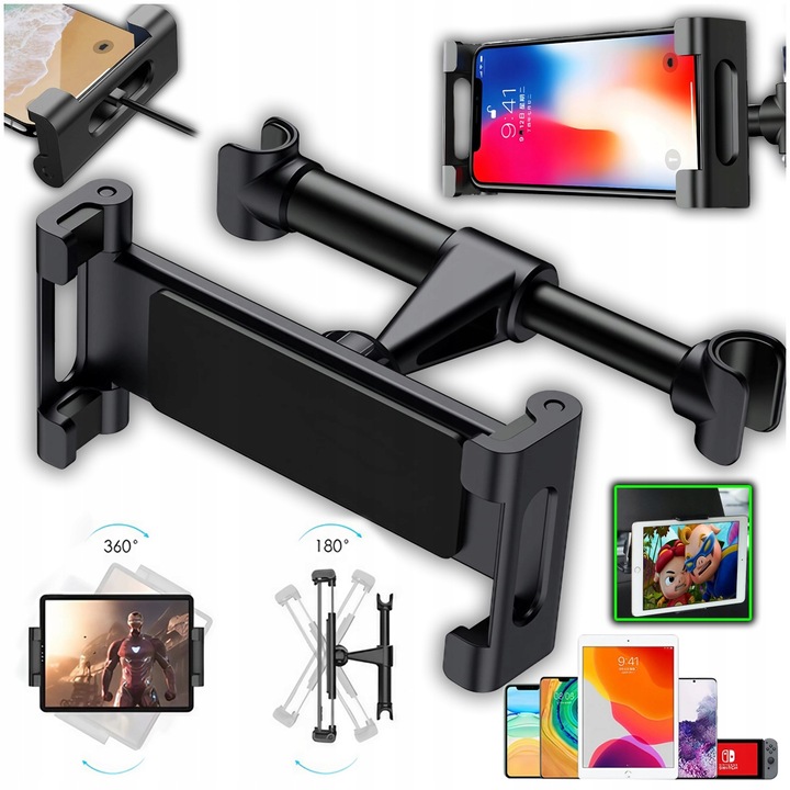 UCHWYT DO SAMOCHODU NA TELEFON TABLET na ZAGŁÓWEK REGULOWANY WYTRZYMAŁY 360