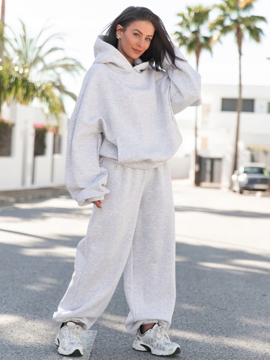Spodnie dresowe bawełniane damskie baggy szerokie oversize szary melanż