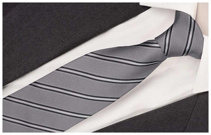 ŻAKARDOWY Krawat Męski w Paski Szary STALOWY RC03