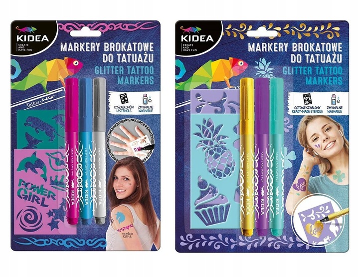 Kidea Markery Brokatowe do tatuażu z szablonami x 2 zestawy 6 kolorów