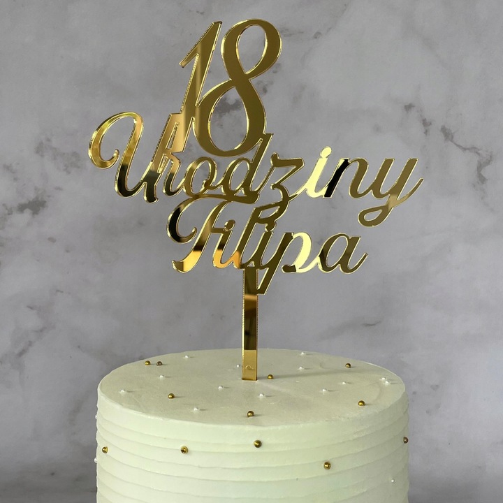 TOPPER NA TORT TOPER PLEXI ZŁOTE LUSTRO OZDOBA OSIEMNASTKA 18 URODZINY IMIĘ
