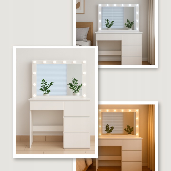 TOALETKA KOSMETYCZNA 90cm BIAŁA Z LUSTREM I OŚWIETLENIEM LED STORMY