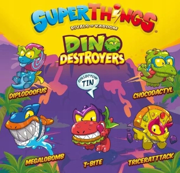 SUPER ZINGS Things Tin Dino Destroyers Puszka Metalowa 5 Figurek