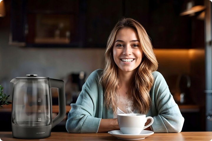 CZAJNIK ELEKTRYCZNY SZKLANY SZARY 2200W PANEL DOTYKOWY 1,7L BERDSEN