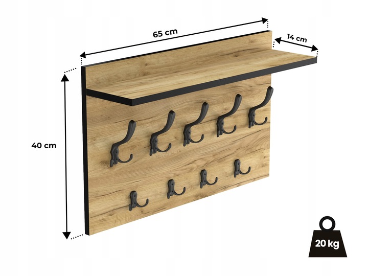 duży wieszak ścienny na ubrania dąb, hak czarny