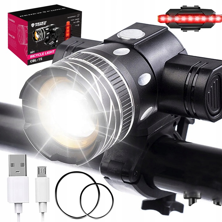 Lampa Rowerowa Przednia + Tylna na Kierownicę Akumulatorowa USB Latarka LED