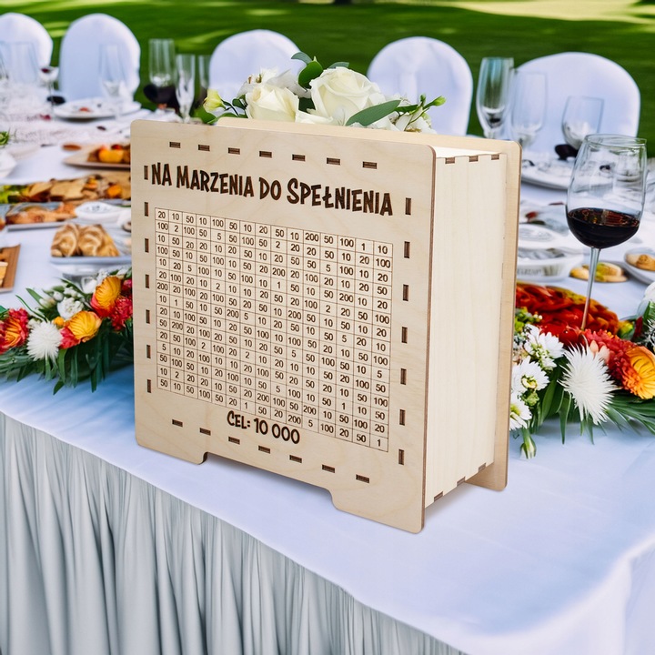 DREWNIANA SKARBONKA WYKREŚLANA PREZENT DOWOLNY NAPIS OSZCZĘDZANIE PIENIĘDZY