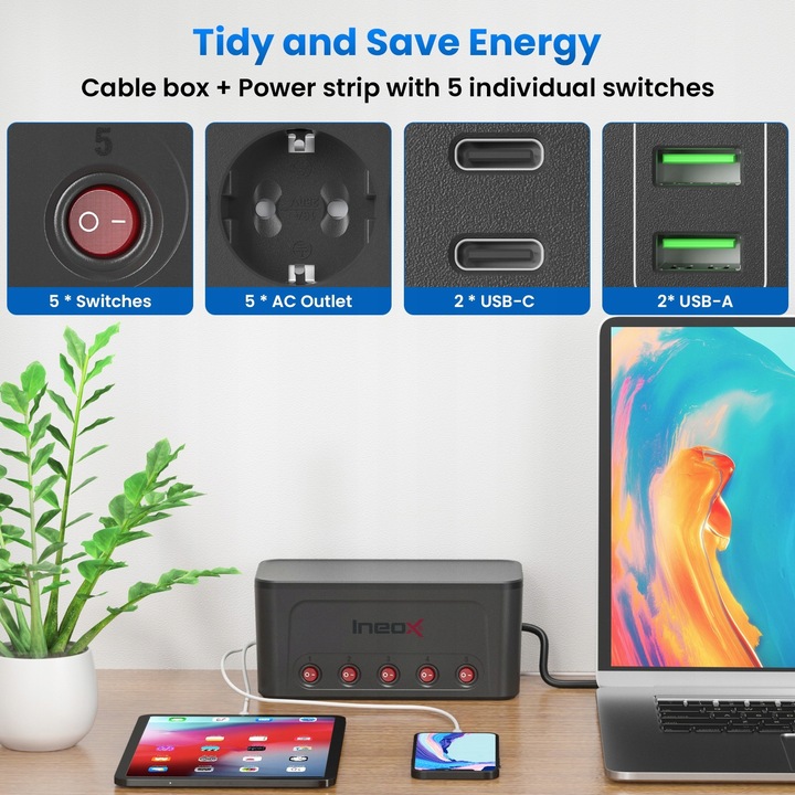 Listwa Zasilająca Organizer Na Przewody 5x AC + 4x USB Ineox LZO-1B Czarny