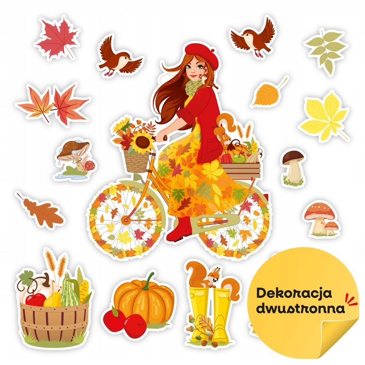 DEKORACJA JESIENNA DWUSTRONNA OKIENNA - PANI JESIEŃ NA ROWERZE (16 el.)