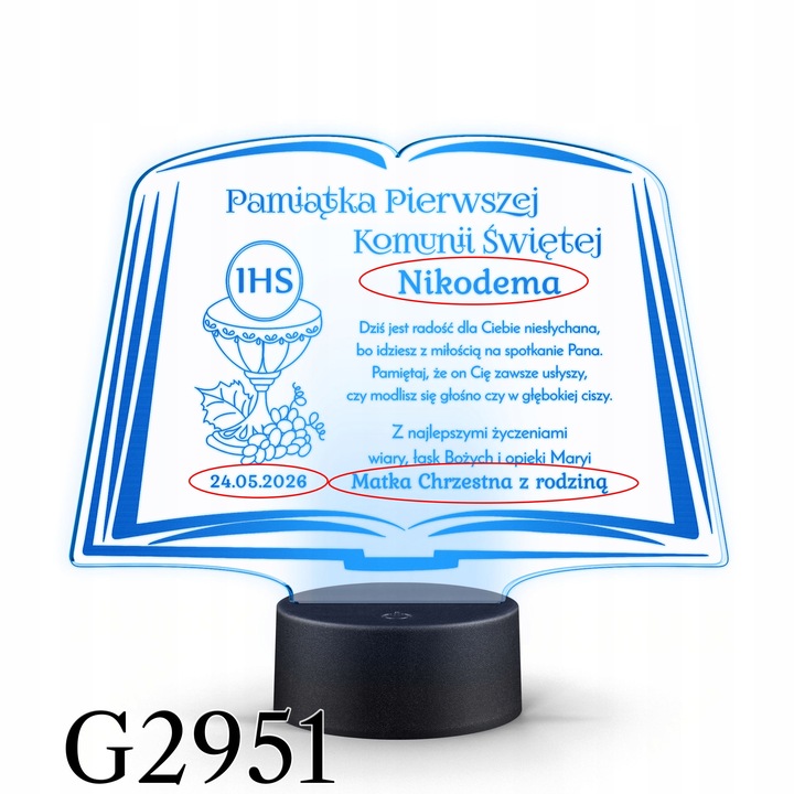 Pamiątka Pierwszej Komunii Świętej LAMPKA LED prezent na Komunię