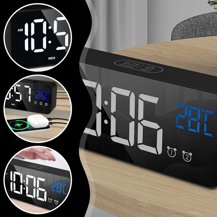 BUDZIK ELEKTRONICZNY ZEGAR LED CYFROWY STOJĄCY TERMOMETR ALARM DATA + USB