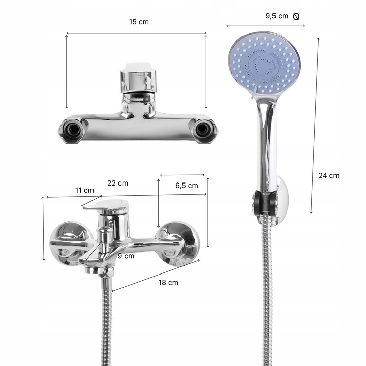 Bateria wannowa ścienna z prysznicem chrom srebrna słuchawka z wężem YOKA