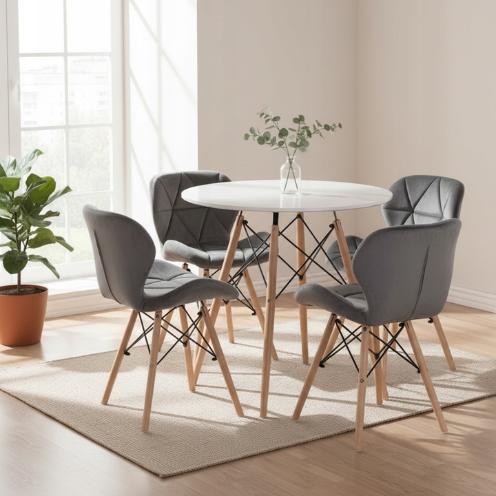 Stół Okrągły Biały Nowoczesny 4 Krzesła Szare Do Salonu Jadalni Kuchni