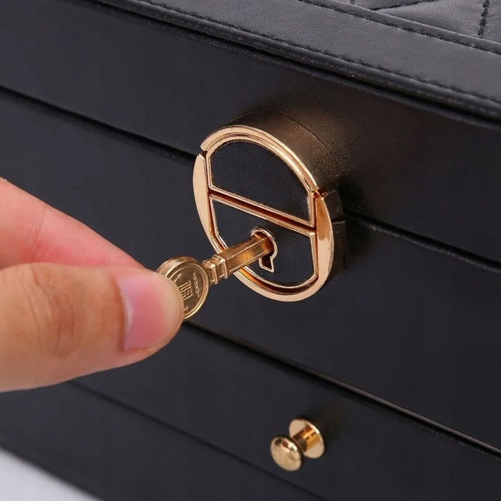 SZKATUŁKA NA BIŻUTERIE Z SZUFLADKAMI CZARNA ORGANIZER TRZY POZIOMY