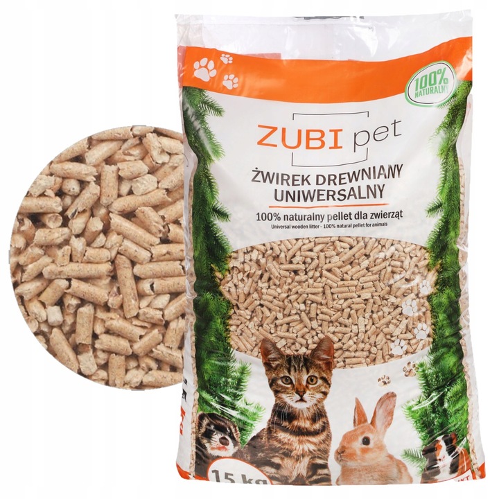 ZUBIPET Żwirek drewniany pellet jasny dla kota świnki królika 15kg natural