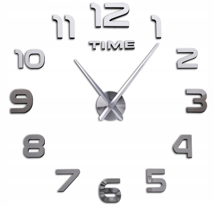 ZEGAR NAKLEJANY DIY 3D DUŻY CICHY POŁYSK EFEKT LUSTRZANY SREBRNY 130