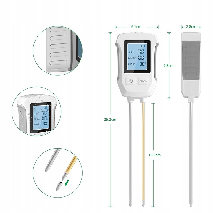 Miernik pH gleby 3w1 tester wilgotności ziemi i podłoża dokładny