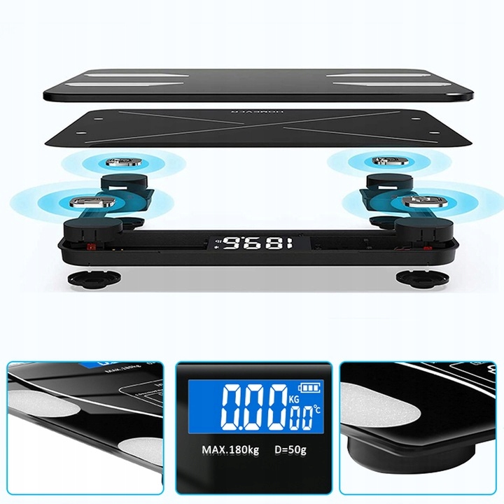 WAGA ŁAZIENKOWA ANALITYCZNA 180KG SMART 25w1 BLUETOOTH APLIKACJA + BATERIE
