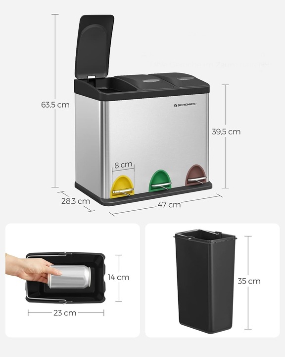 Kosz na śmieci odpady METALOWY 3 KOMORY do segregacji recykling 24l srebrny