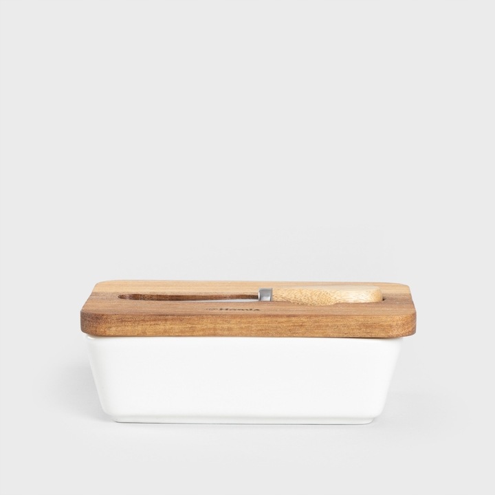 Maselniczka MOOKA porcelanowa z nożykiem i akacjową pokrywką biała