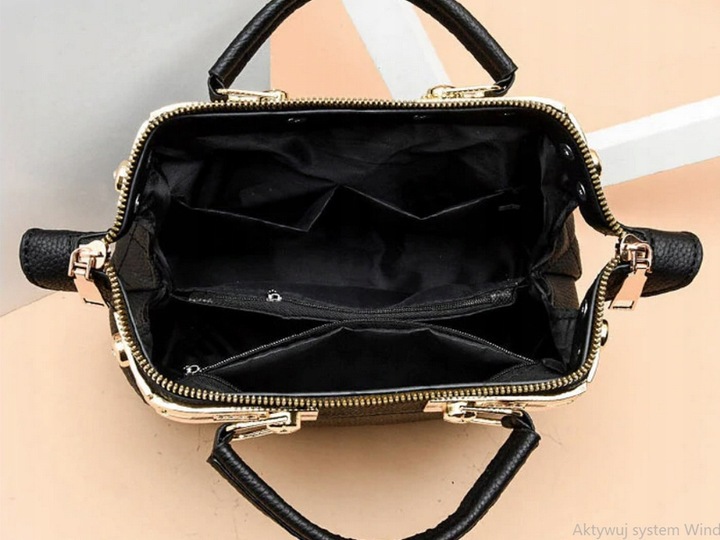 CZARNA TOREBKA Ramię Klasyczna PIKOWANA MIŚ Złote Dodatki Kuferek