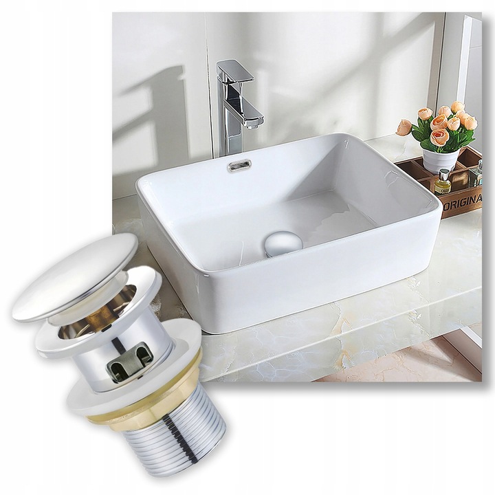 KOREK UMYWALKOWY Z SITKIEM automatyczny z przelewem pełny klik klak