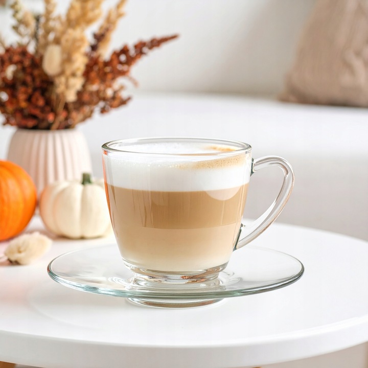 Filiżanki szklane DUŻE Luna 320ml + Spodek komplet 6szt na kawę latte