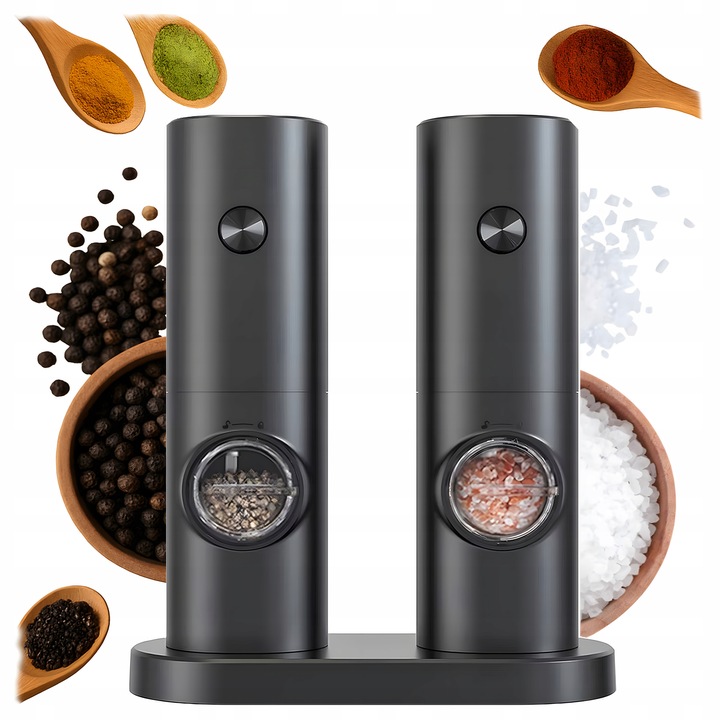Zestaw 2 Młynków Elektrycznych do przypraw z podstawką Młynek do