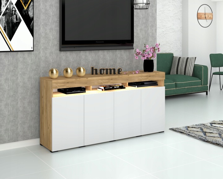 Duża Komoda LUNA 4D 180 Dąb Craft Biała LED