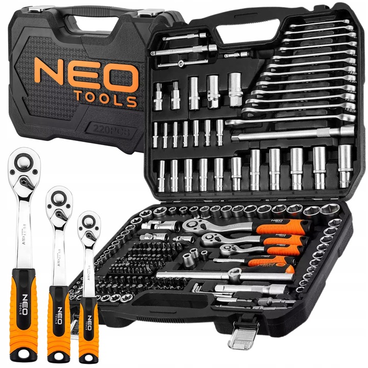 NEO TOOLS Zestaw Kluczy Nasadowych 220 el. 1/2" 3/8" 1/4" Walizka Stal CrV