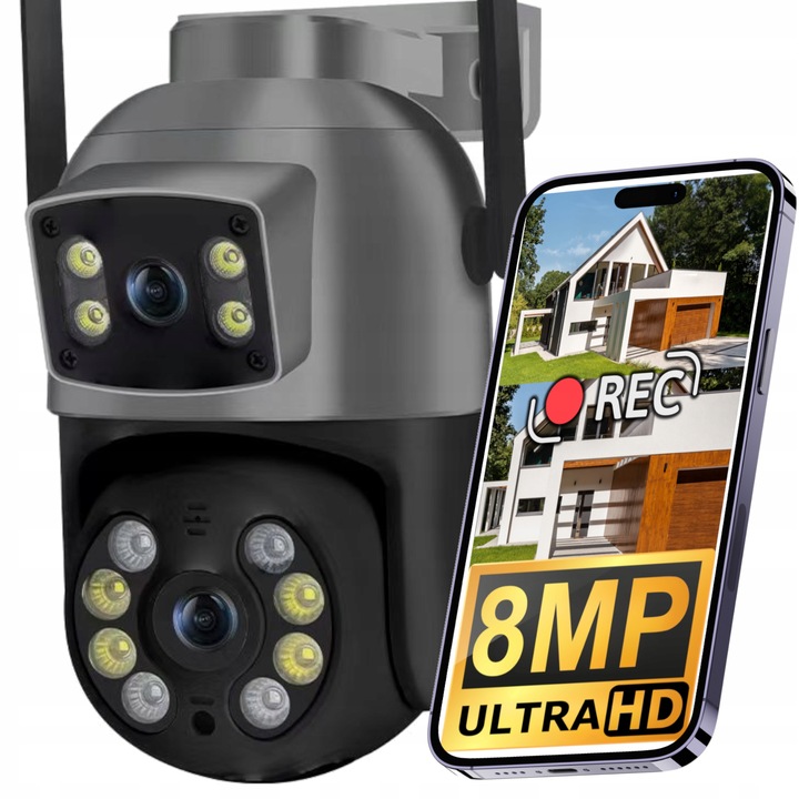 PODWÓJNA OBROTOWA KAMERA WIFI SMART ZEWNĘTRZNA 8MPX UHD DETEKCJA ALARM PUSH