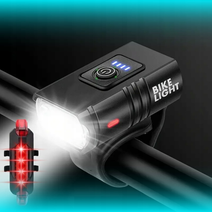 MOCNA LAMPKA ROWEROWA PRZEDNIA TYLNA LED WODOODPORNA AKUMULATOR USB ZESTAW