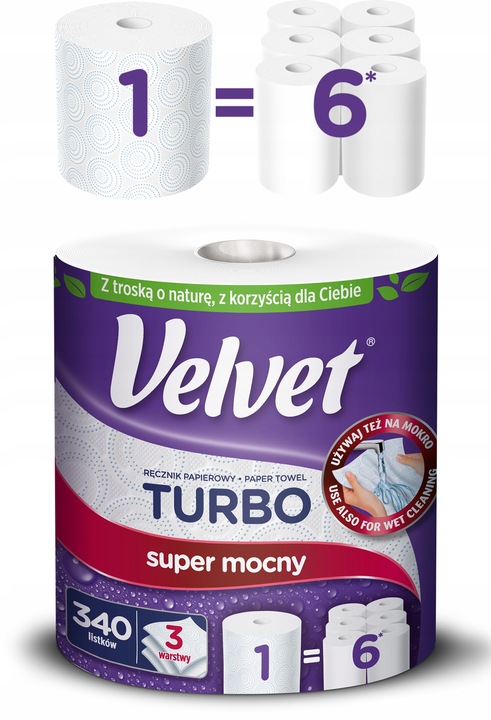 Velvet ręczniki papierowe TURBO 6 rolek 3 warstwowy 340 listków