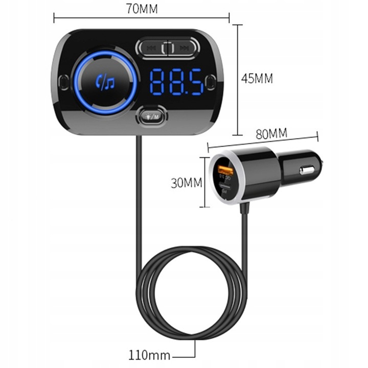 TRANSMITER BLUETOOTH FM SAMOCHODOWY 2X SZYBKA ŁADOWARKA AUX USB-C