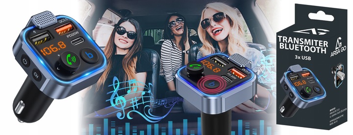 TRANSMITER BLUETOOTH SAMOCHODOWY FM USB 3.0A + 1.0A QC USB-C ŁADOWARKA