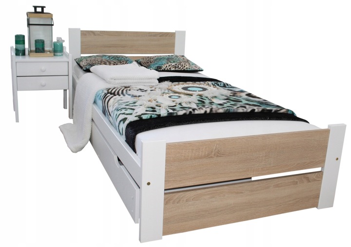 Łóżko pojedyncze drewniane LEA 90x200 białe Dąb Sonoma stelaż