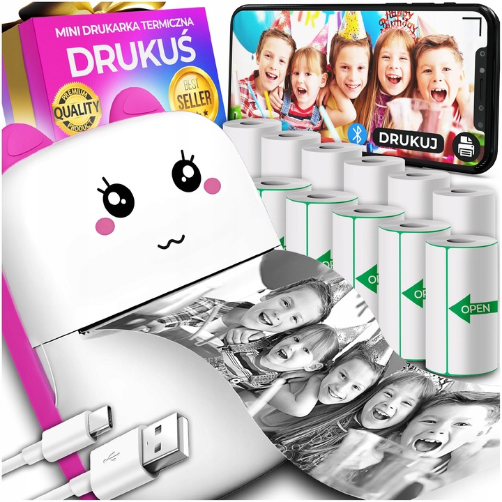 MINI DRUKARKA TERMICZNA DRUKUŚ ORYGINALNY DO ZDJĘĆ NOTATEK + 11SZT ROLEK