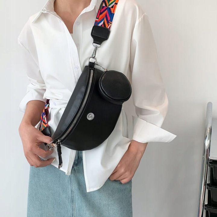 NERKA CZARNA SASZETKA DAMSKA POJEMNA SZEROKI KOLOROWY PASEK SKÓRA EKO