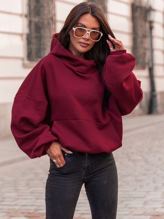 Bawełniana dresowa damska bluza z kapturem na stójce oversize bordowa