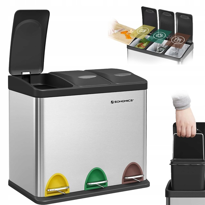 Kosz na śmieci odpady METALOWY 3 KOMORY do segregacji recykling 24l srebrny