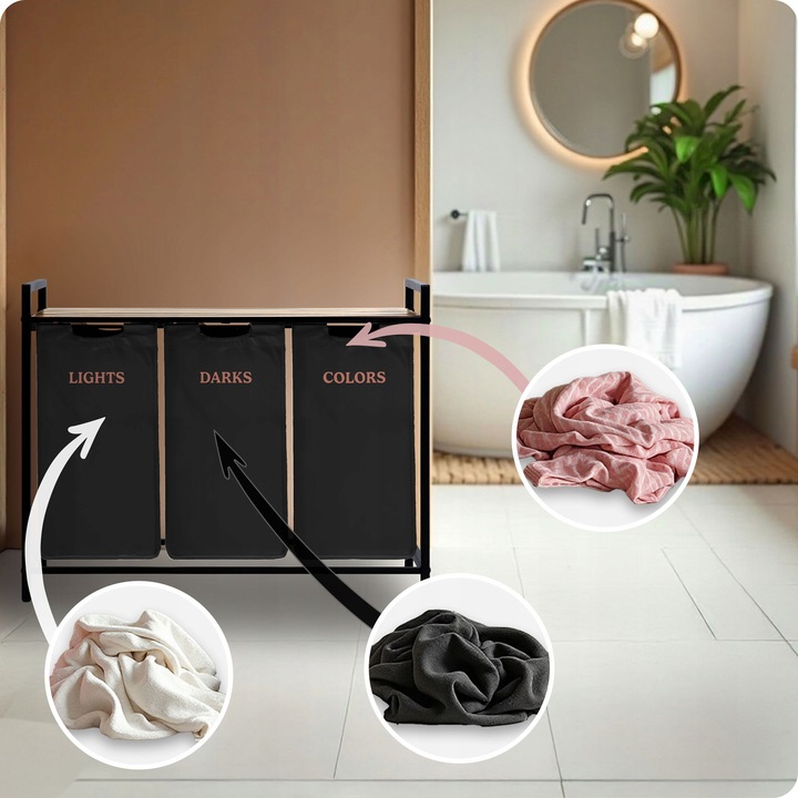 KOSZ NA PRANIE TRZYKOMOROWY BIELIZNĘ DUŻY POJEMNIK Z POKRYWĄ 3 KOMORY