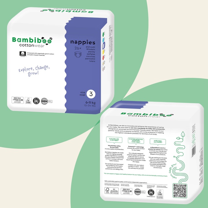PIELUSZKI BAMBIBOO PIELUCHY COTTONWEAR r. 3 MIDI Jednorazowe 6-11kg 26szt.
